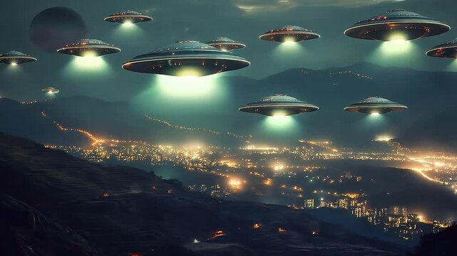 Flying saucer hovering over the forest at night. Alien UFO. Extraterrestrial life, Space travel, Spaceship	