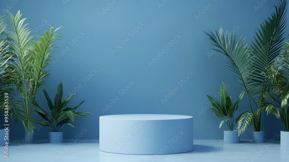 Poster monochromatic blue scene featuring a cylindrical podium for product display with plants in the backg