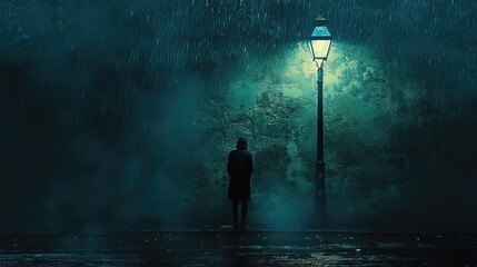 A solitary figure stands under a glowing streetlight, surrounded by a mysterious fog during a heavy rain at night.