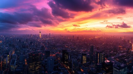 Obraz premium A stunning panoramic view of a cityscape at dusk, with the sky painted in hues of orange and purple.