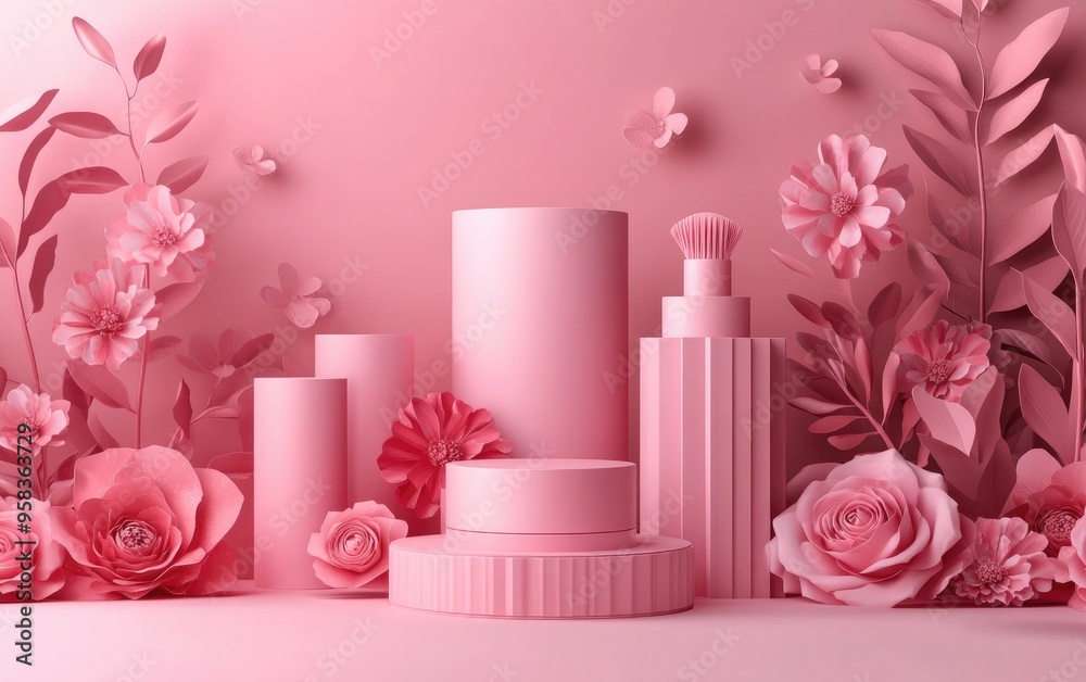 Poster Display backdrop for cosmetic product showcase Empty display 3D rendering floral paper