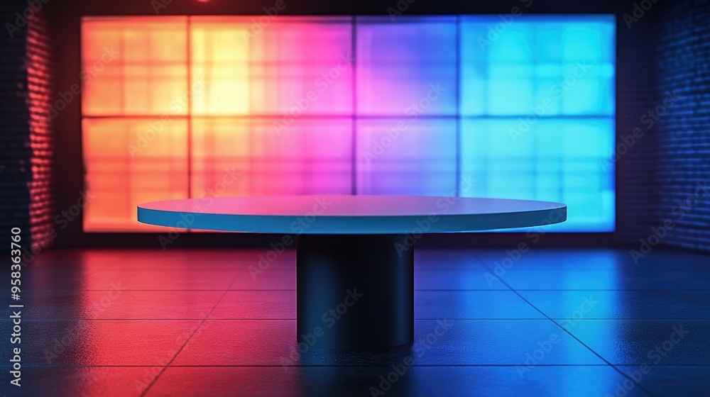 Poster White table on a stand with a LED screen backdrop in a news studio 3D rendering