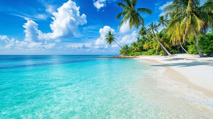 A stunning view of a tropical beach, with crystal-clear turquoise water and palm trees swaying in the breeze.