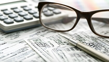 Calculator, Glasses, and Pen on Financial Documents