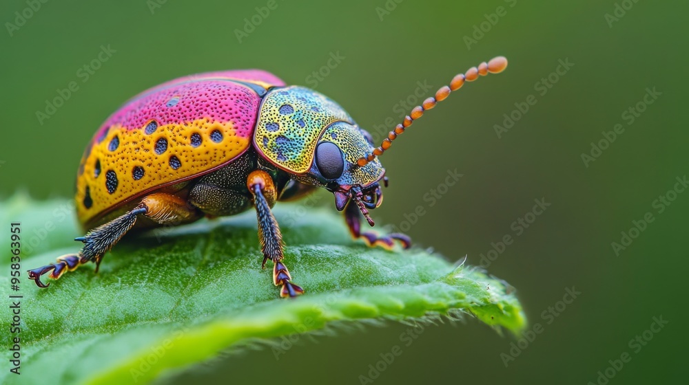 Poster A close-up of a colorful beetle crawling on a green leaf, with intricate details of its shell and the leaf's texture clearly visible, set against a blurred background.