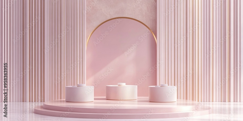 Aufkleber Light pastel lavender pink 3D rendering featuring a simple product display with three podiums and a minimal background composition accented with golden lines ideal for showcasing luxury items