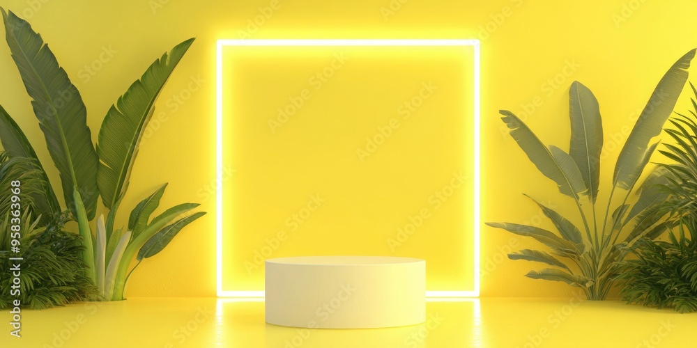 Poster Yellow backdrop 3D background featuring a product display podium scene enhanced with a neon light frame and a 3D render showcasing the podium for product presentation