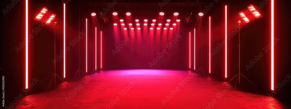 Poster red light stage displays featuring a neon background spotlights and textured flooring suitable for p