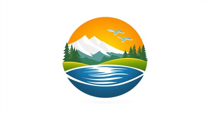 A simple vector logo featuring mountains, a lake, and trees, set against an orange sunset background