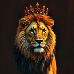 Obraz premium lion with a crown on its head and angry fire background 