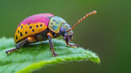 Fototapeta premium A close-up of a colorful beetle crawling on a green leaf, with intricate details of its shell and the leaf's texture clearly visible, set against a blurred background.