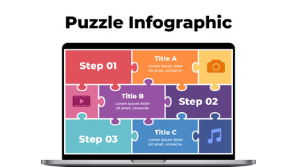 Laptop puzzle infographic, can be used for presentation, workflow layout, diagram, annual report, web design.
