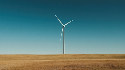 A wind turbine with its massive blades turning slowly against a clear blue sky in an open field.