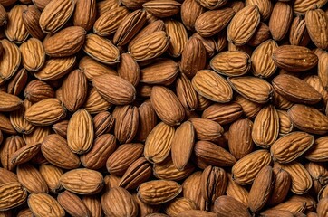 Close-up of a pile of shelled almonds, showing their brown, textured skin and elongated shape