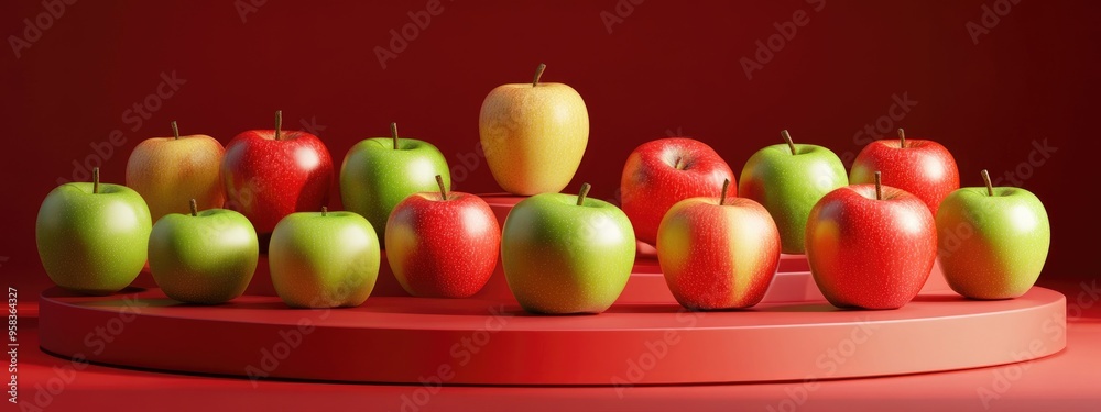 Poster apples displayed on a podium with a red backdrop 3d illustration