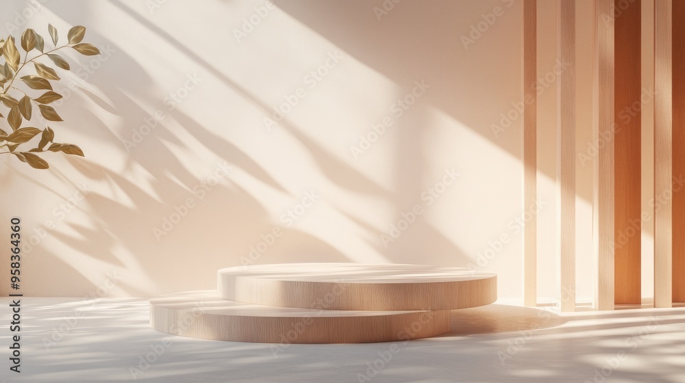 Poster wooden podium featuring ample space for product display against an abstract backdrop minimalist podi