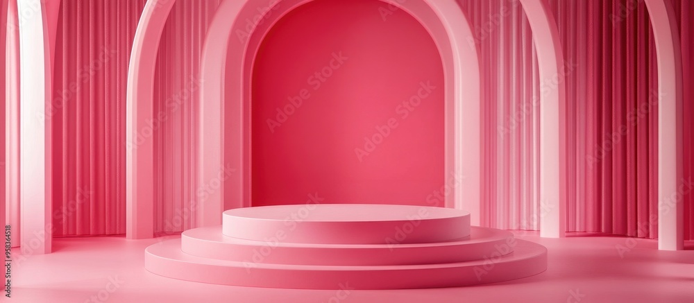Poster Abstract pink backdrop featuring a geometric podium shape 3D rendering suitable for product display