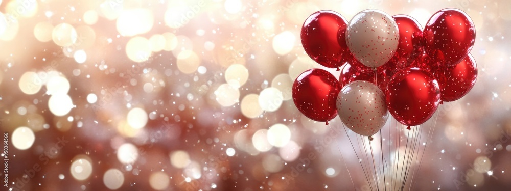 Poster Close up of festive red Christmas tree balloons on a podium with a sparkling background 3D Render