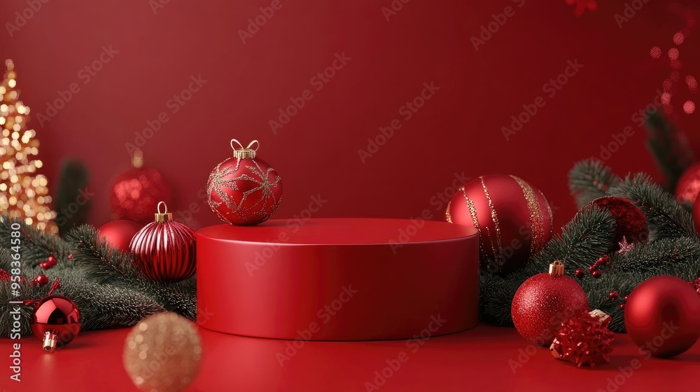 Poster christmas banner with product showcase 3d rendering of red podium