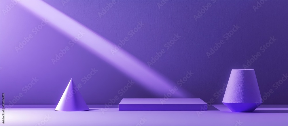 Poster Abstract geometric shapes of square and cone in a violet purple minimal background 3D rendering