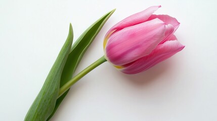 Fototapeta premium A Beautiful Closeup of a Pink Tulip Flower and Its Leaf