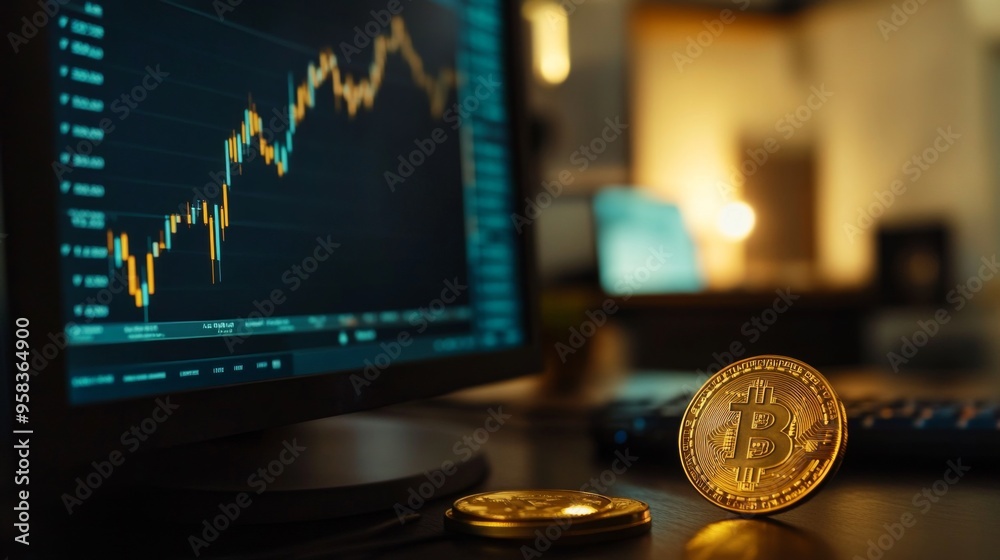 Aufkleber A close-up of a computer monitor showing a detailed candlestick chart specifically tracking gold prices, with a shiny gold coin on the desk in the foreground.