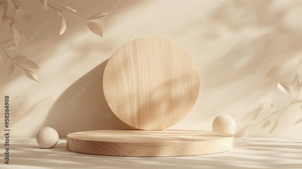 Poster wooden podium featuring ample space for product display against an abstract backdrop minimalist podi