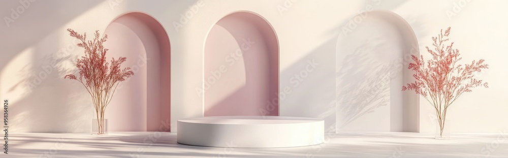 Poster Abstract minimal scene featuring geometric shapes Empty cylindrical podium set against a minimalistic background Design intended for product showcase 3D rendering