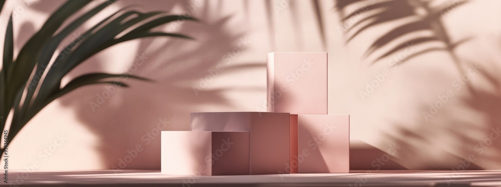 Poster Cosmetic backdrop for product branding and packaging display featuring geometric square shapes on a podium stage with leaf shadow effects