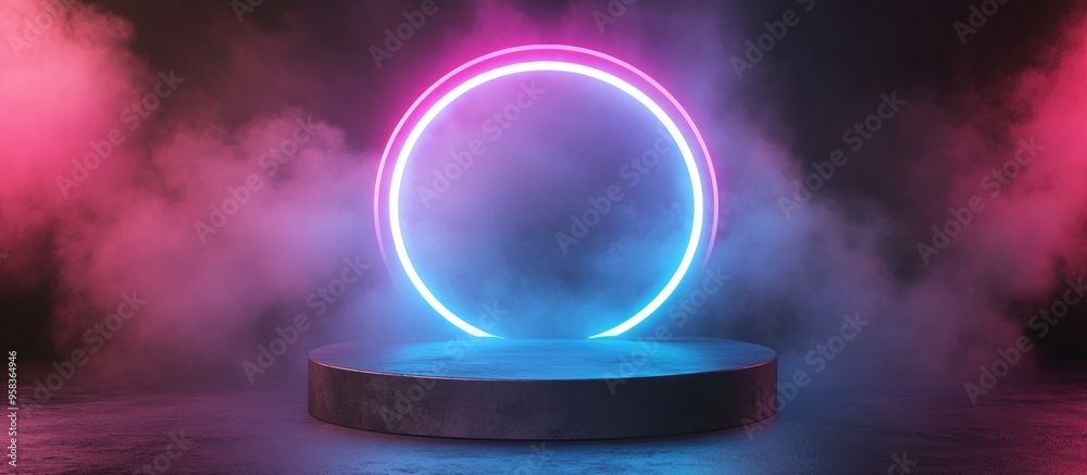 Aufkleber Empty podium surrounded by a gradient neon ring on a backdrop 3D render featuring an abstract scene with a pink and blue neon frame