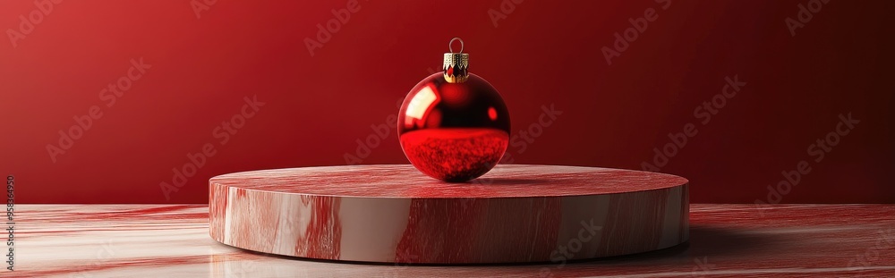Poster isolated podium for christmas featuring a red and gold bauble for product presentation 3d rendering