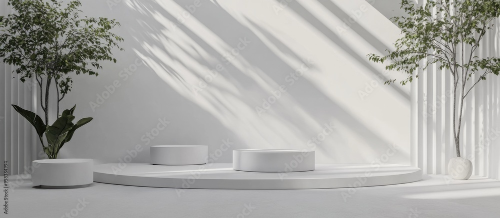 Poster Clean white 3D interior featuring a set of round podiums for product display Ideal setting for showcasing or promoting items through mockup 3D rendering designed for advertising purposes