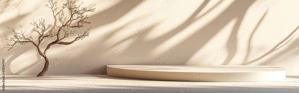 Poster Premium podium on a soft background for product showcase featuring an abstract geometric arrangement with a branch and shadow on the wall 3D render Mockup for showcases and promotional purposes