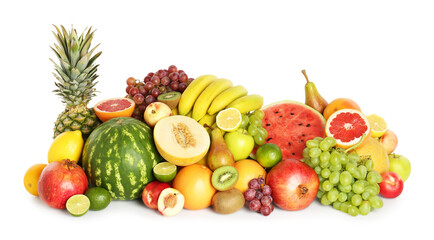 Many fresh ripe fruits isolated on white