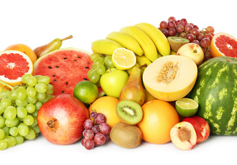 Many fresh ripe fruits isolated on white