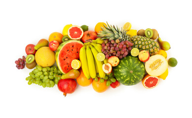 Many fresh ripe fruits isolated on white, top view