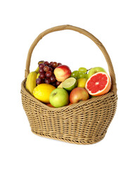 Many different fresh fruits in wicker basket isolated on white