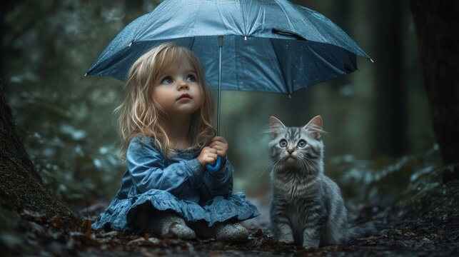 A little girl holding an umbrella next to a cat