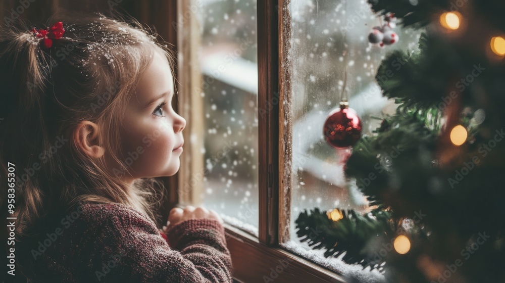 Wall mural A little girl looking out a window at a christmas tree