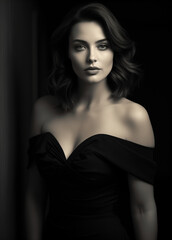 A black and white portrait of an elegant woman with sleek hair