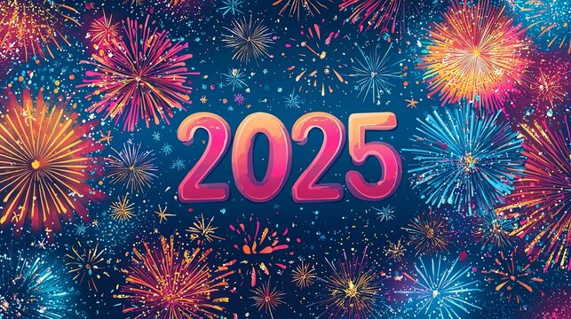 An image brimming with colorful fireworks, highlighting the year 2025 in bold gradient colors at the center, symbolizing hope and excitement for the future.