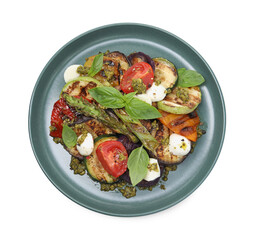 Delicious salad with grilled vegetables isolated on white, top view