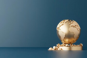 Golden globe with a stand, 3d render illustration, isolated on dark blue background, global and luxury collection