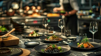 Show a lavish food experience featuring a table setup with exclusive dishes like truffle-infused pasta and Wagyu beef