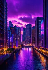 Naklejka premium stunning evening skyline displaying vibrant city lights colorful architecture twilight sky, buildings, cityscape, dusk, glow, illumination, luminosity