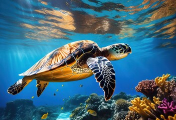 Obraz premium vibrant ocean landscape featuring bright sea colorful coral stunning marine designs under clear blue waters, beach, coastal, currents, diving, ecosystems