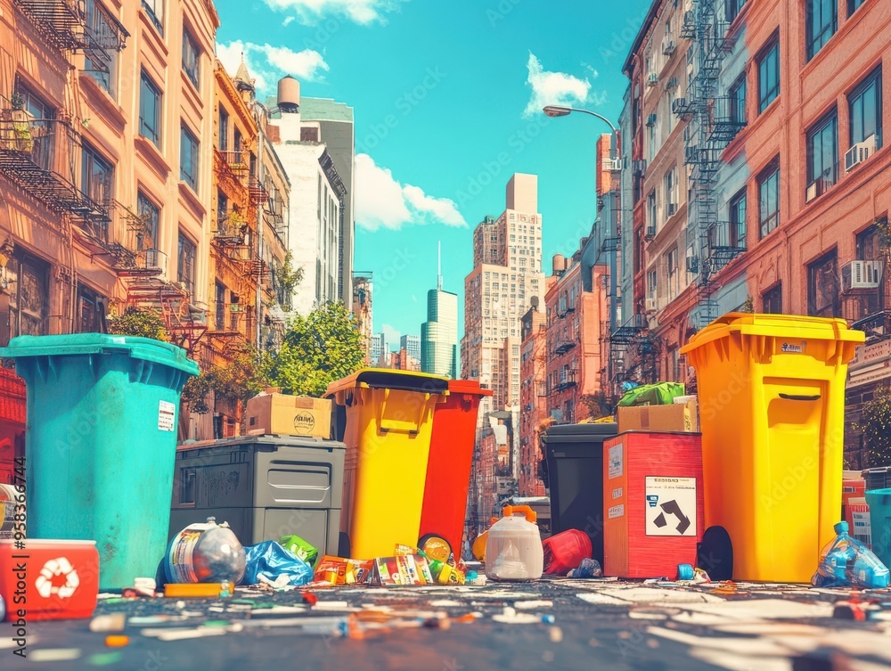 Wall mural colorful trash cans line a city street filled with overflowing garbage.