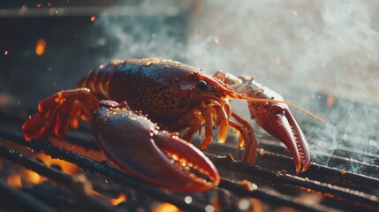 A lobster on a grill with smoke coming out of it