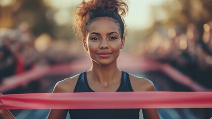 A close-up of a sprinter crossing the finish line, an African-American woman with short hair and a determined expression, breaking the tape