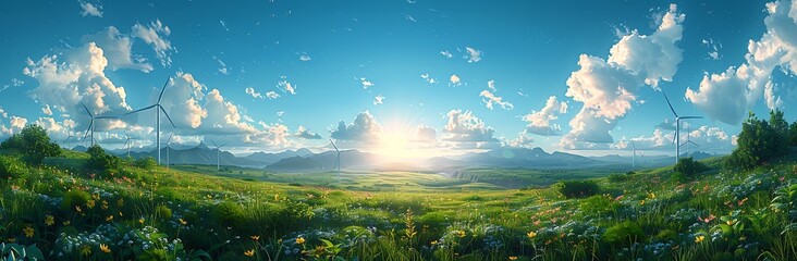 Obraz premium Sunrise Over Green Fields with Wind Turbines